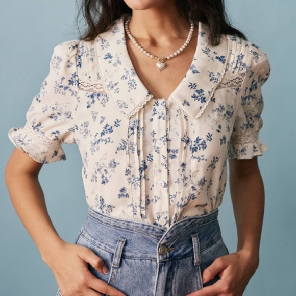 Rihoas Women’s Feminine Vintage Looking Collared Lace Short Sleeve Top New M - Picture 1 of 14